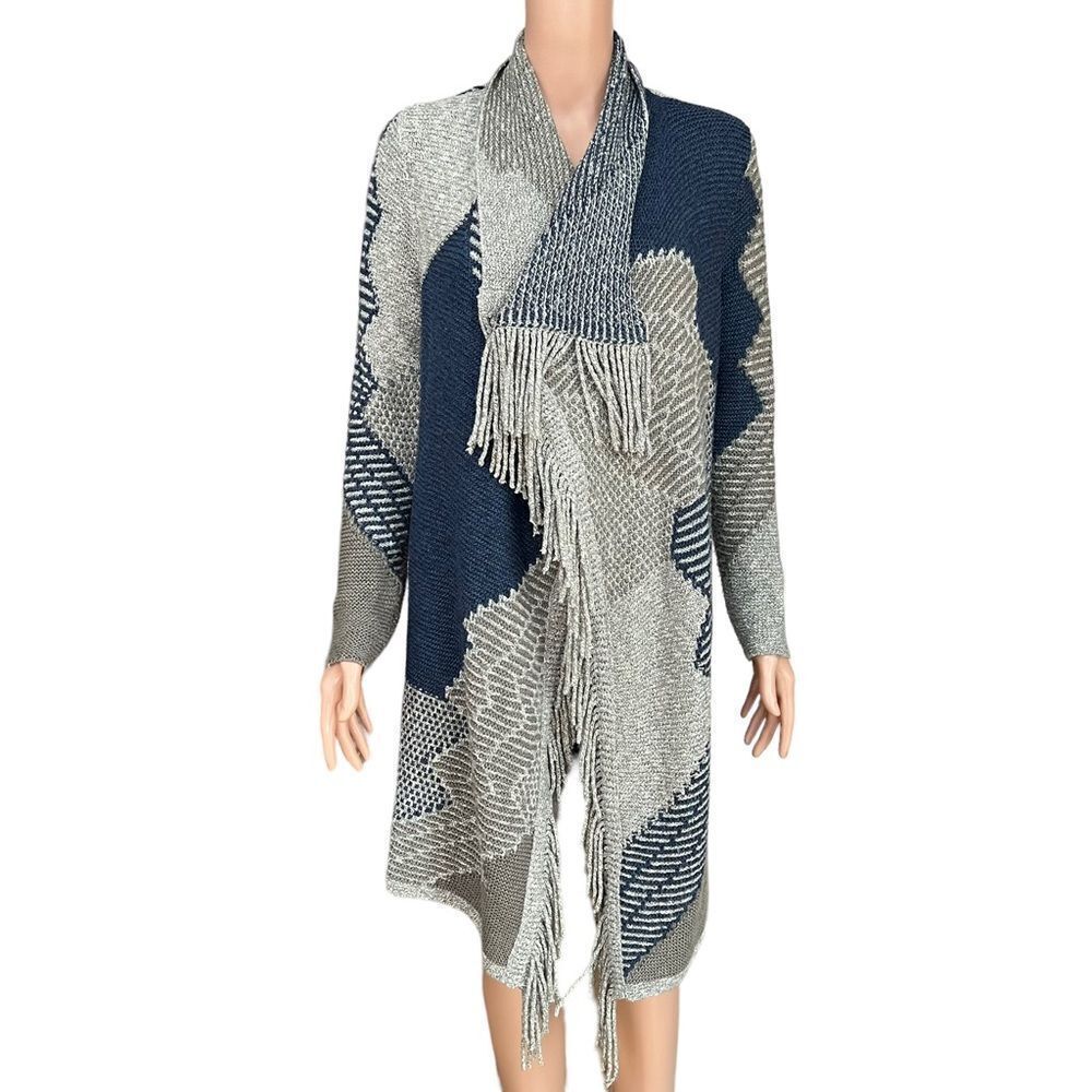 Nic+Zoe Fringed Long Cardigan open front cotton blend size S.